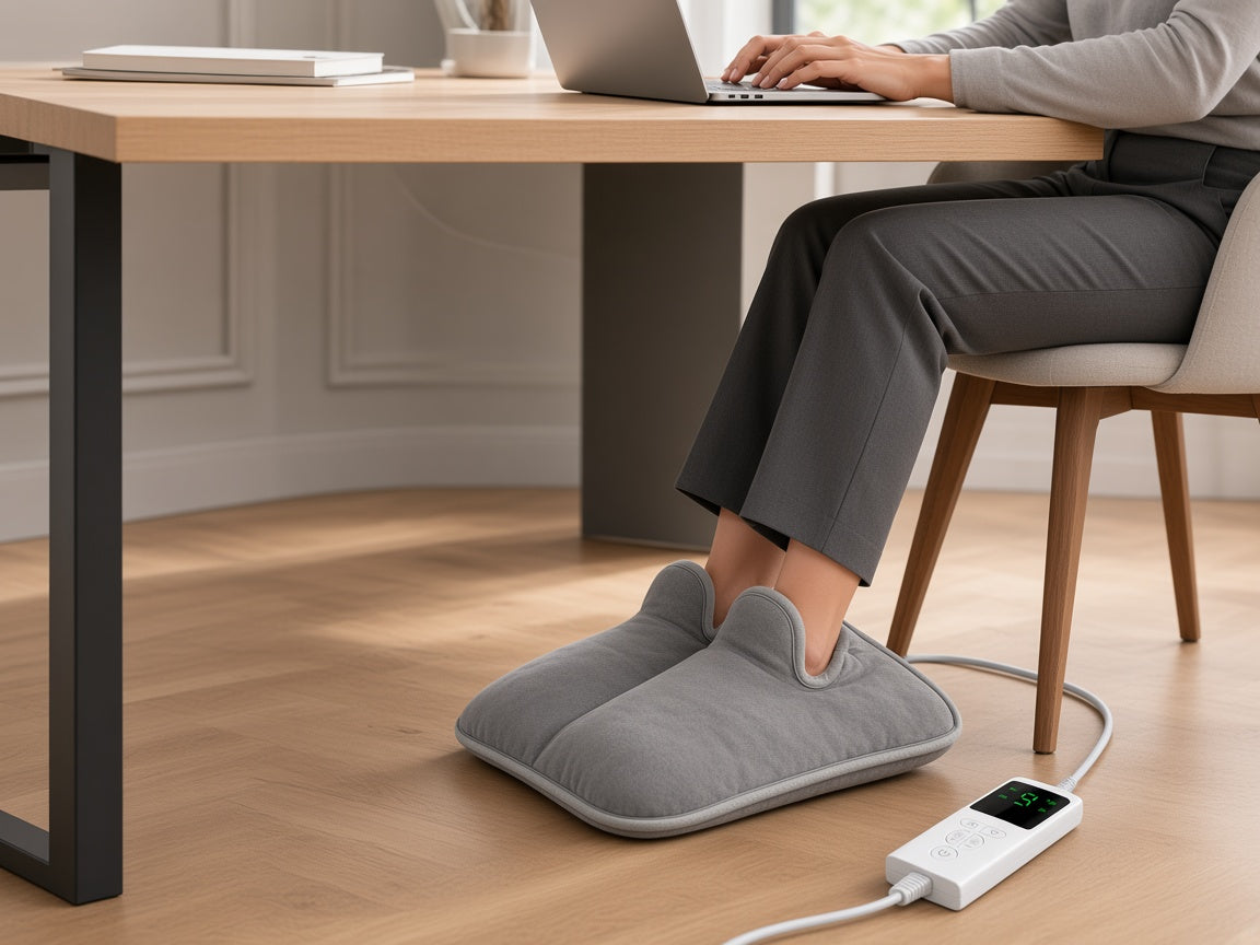 Réchauffe-pieds Piedsora utilisé sous un bureau